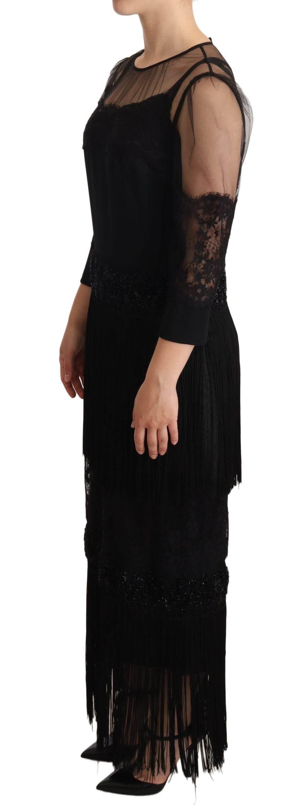 Dolce & Gabbana Black Sheer Floral Lace Crystal Maxi Dress - Hilstor