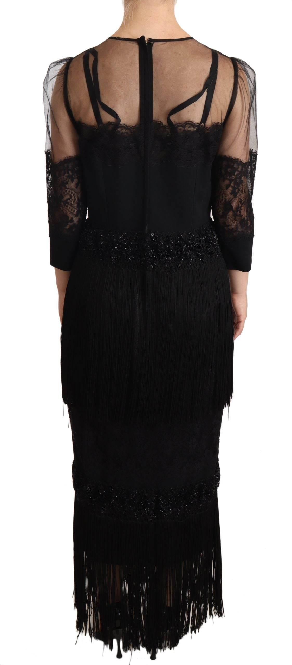 Dolce & Gabbana Black Sheer Floral Lace Crystal Maxi Dress - Hilstor