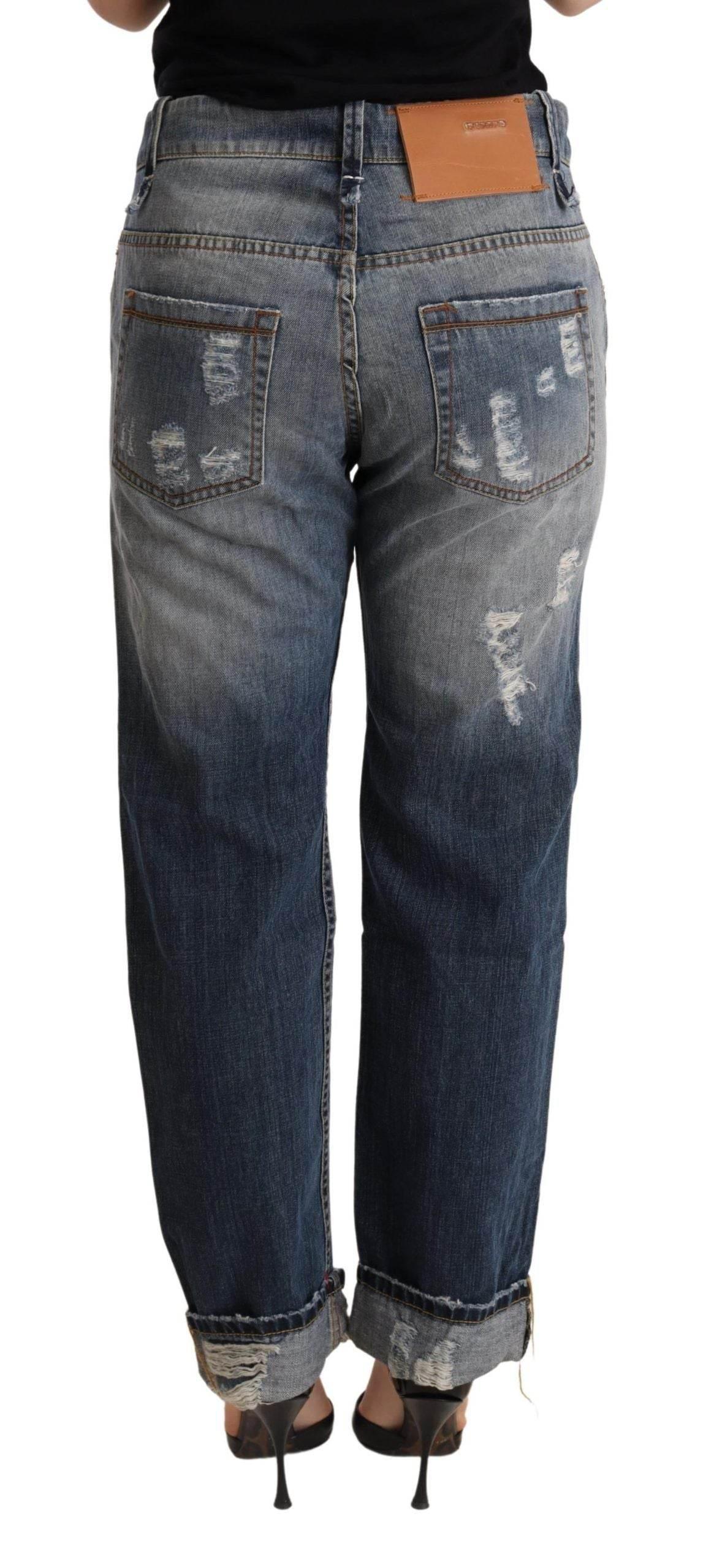Acht Blue Tattered Mid Waist Straight Denim Trouser - Hilstor