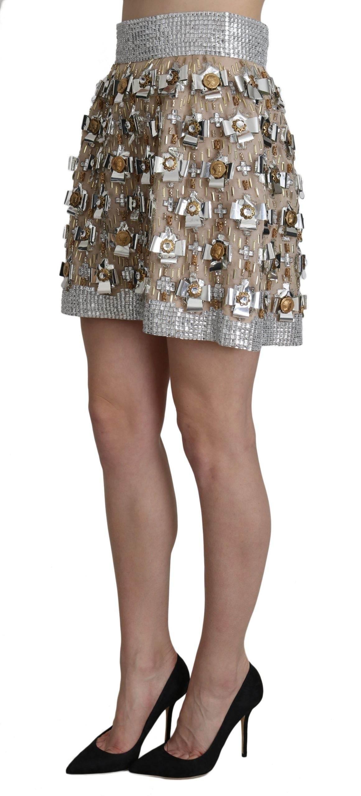 Dolce & Gabbana Silver Embellished High Waist Mini Skirt - Hilstor