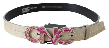Costume National Beige Leather Fashion Belt with Logo Detail - Hilstor