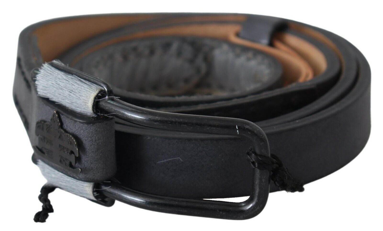 Ermanno Scervino Black Leather Fringes Logo Buckle Belt - Hilstor