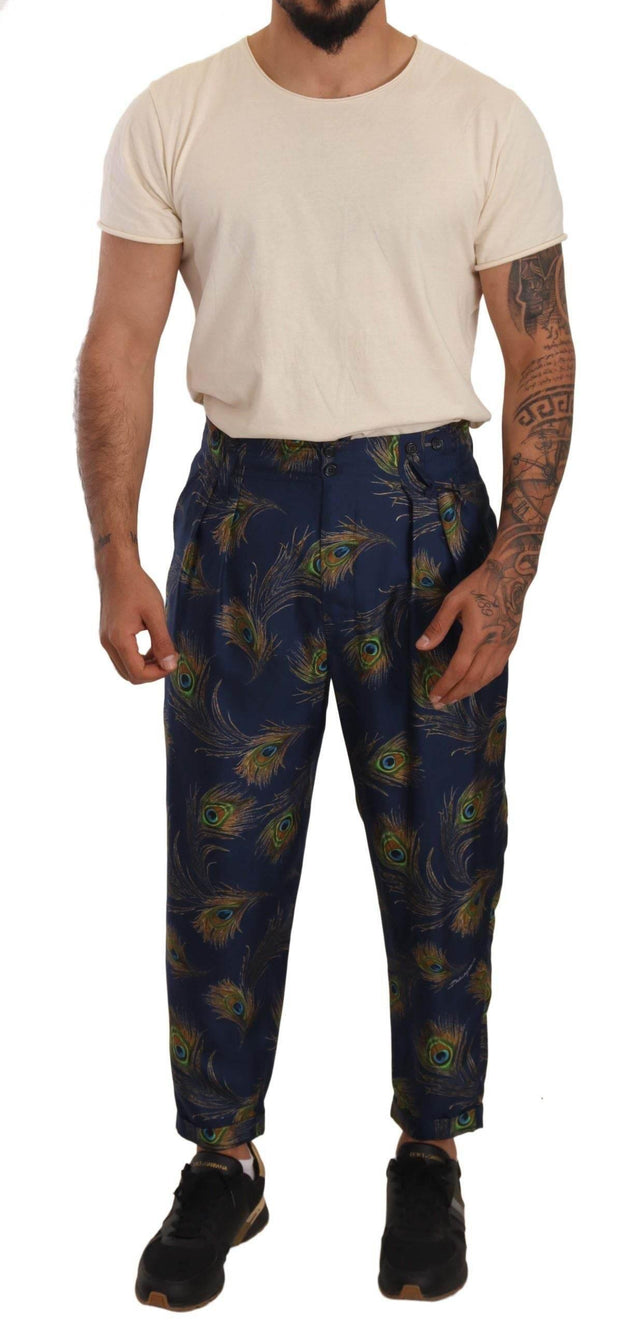 Dolce & Gabbana Blue Peacock Print Tapered Trousers Silk Pants - Hilstor