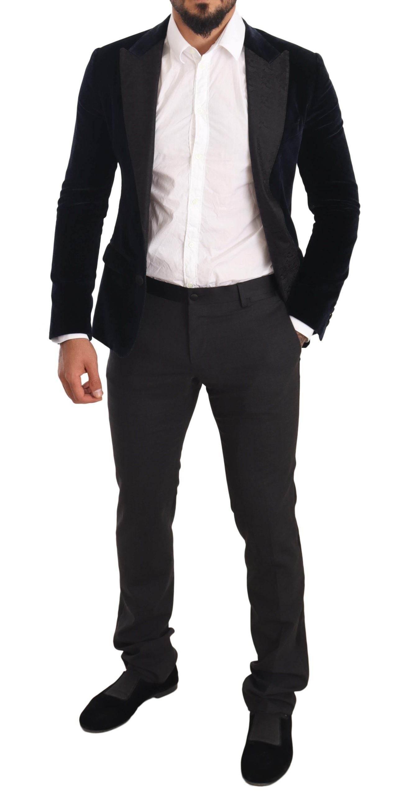 Dolce & Gabbana Blue Velvet Cotton Slim Fit Smoking Suit - Hilstor