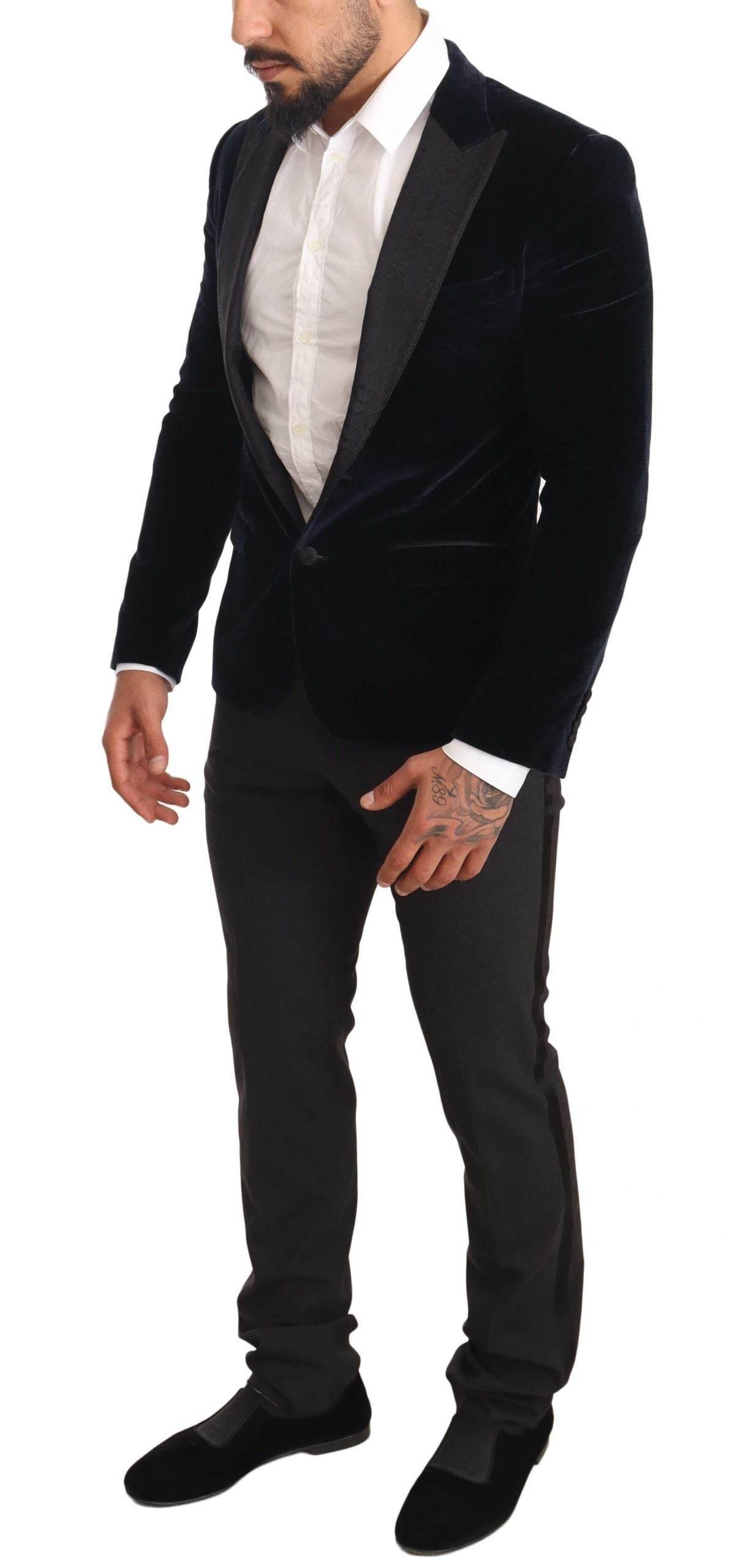 Dolce & Gabbana Blue Velvet Cotton Slim Fit Smoking Suit - Hilstor