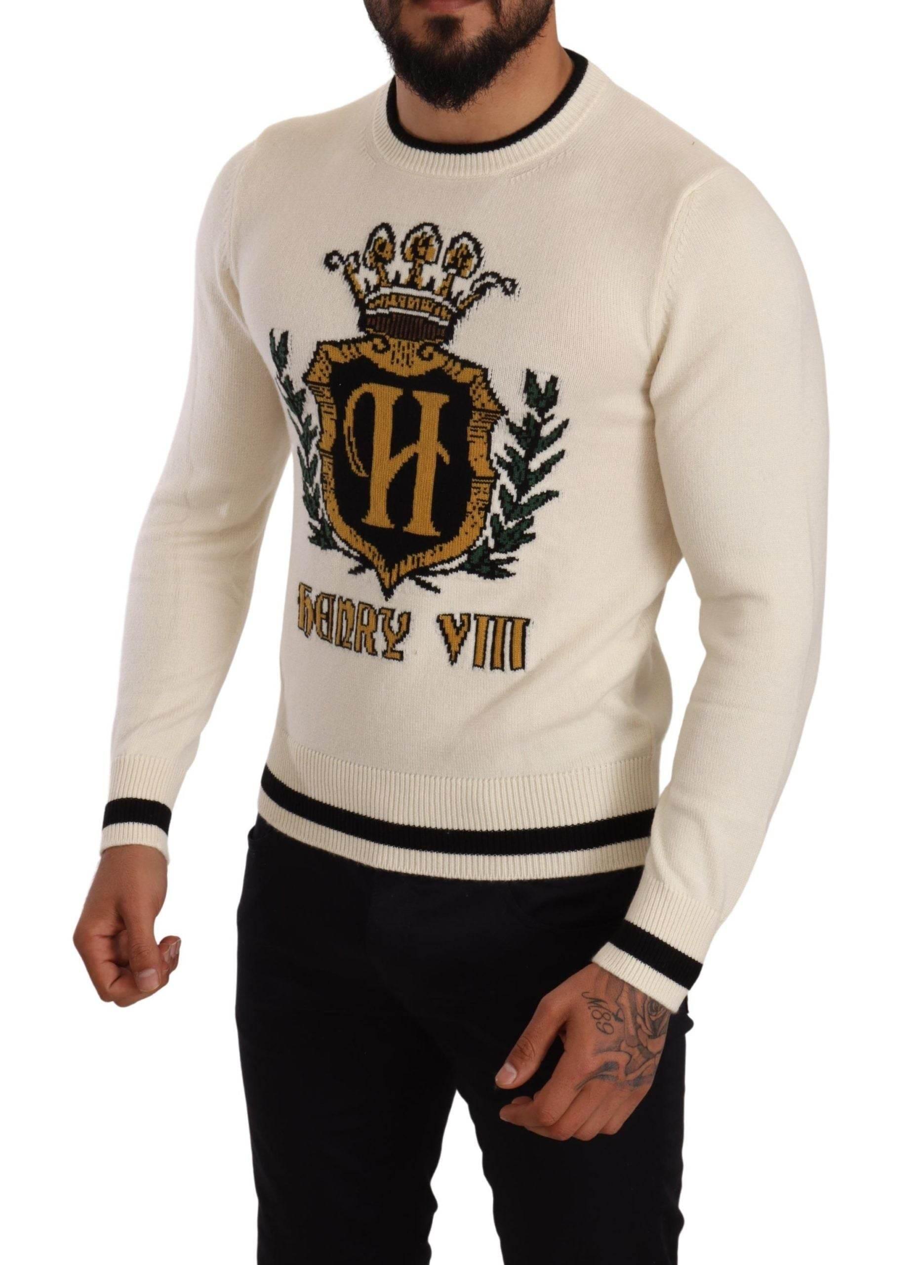 Dolce & Gabbana White Heraldic Cashmere Pullover Sweater - Hilstor