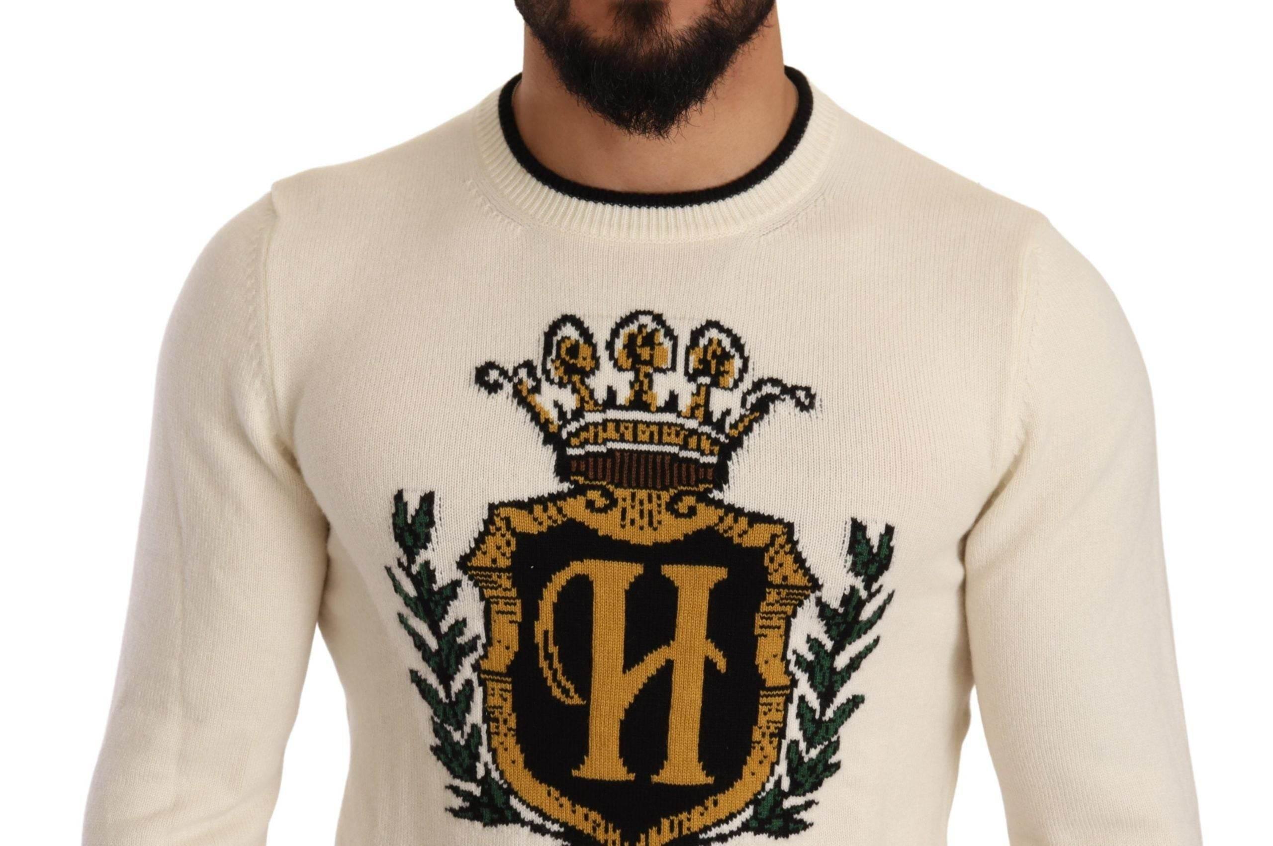 Dolce & Gabbana White Heraldic Cashmere Pullover Sweater - Hilstor