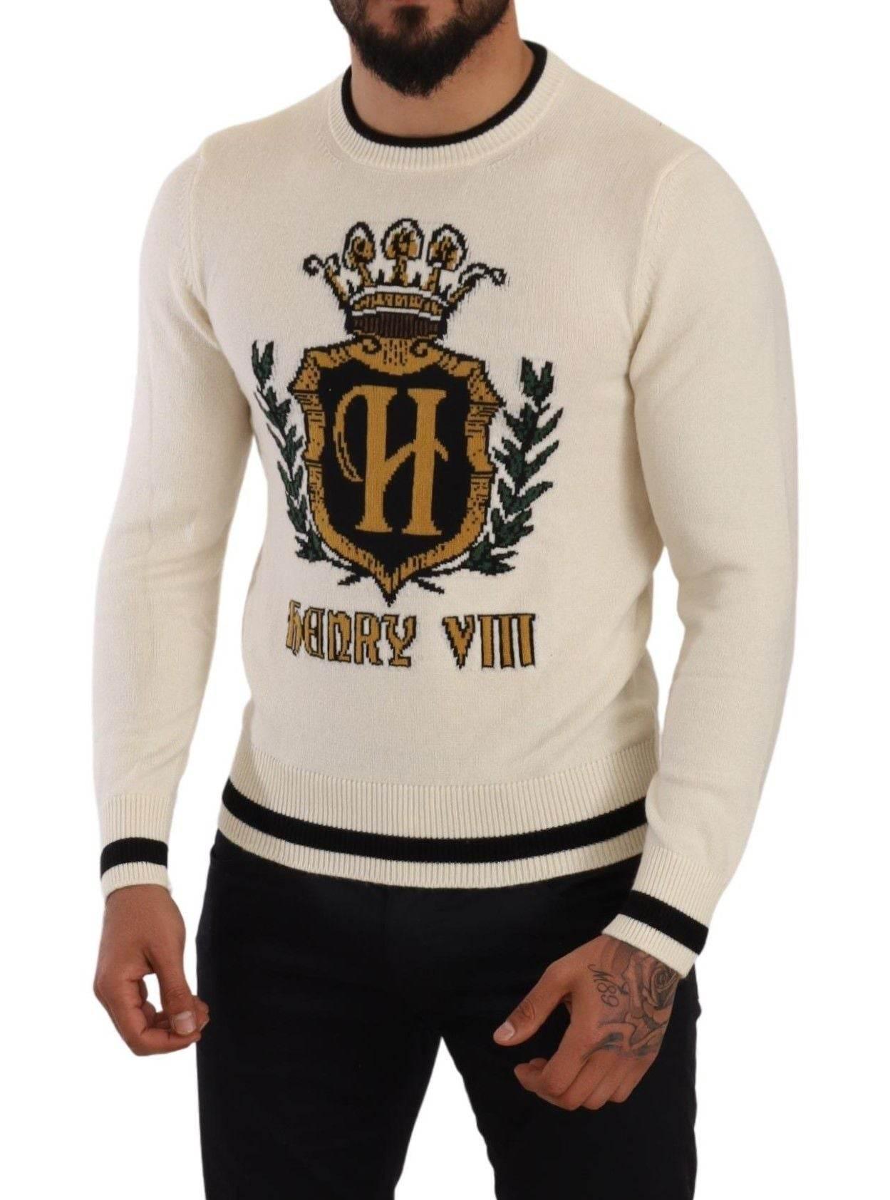 Dolce & Gabbana White Heraldic Cashmere Pullover Sweater - Hilstor