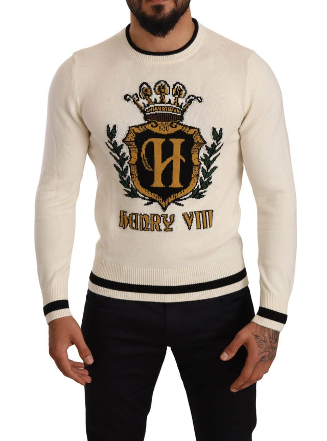 Dolce & Gabbana White Heraldic Cashmere Pullover Sweater - Hilstor