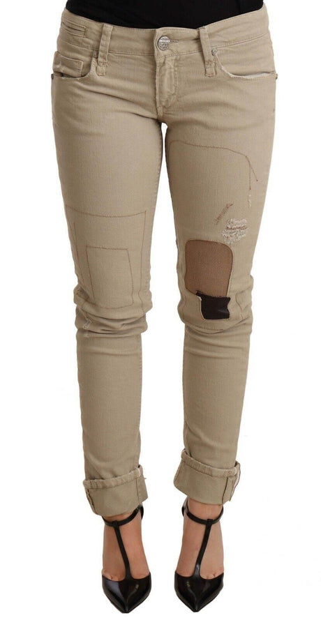 Acht Beige Denim Cotton Bottom Slim Fit Folded Pant - Hilstor