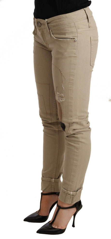 Acht Beige Denim Cotton Bottom Slim Fit Folded Pant - Hilstor