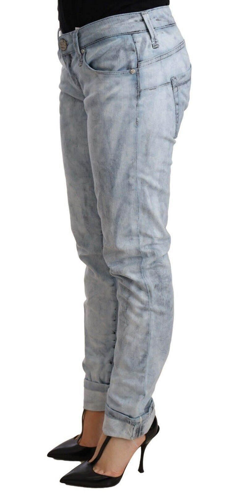 Acht Light Blue Washed Cotton Folded Hem Denim Trouser - Hilstor