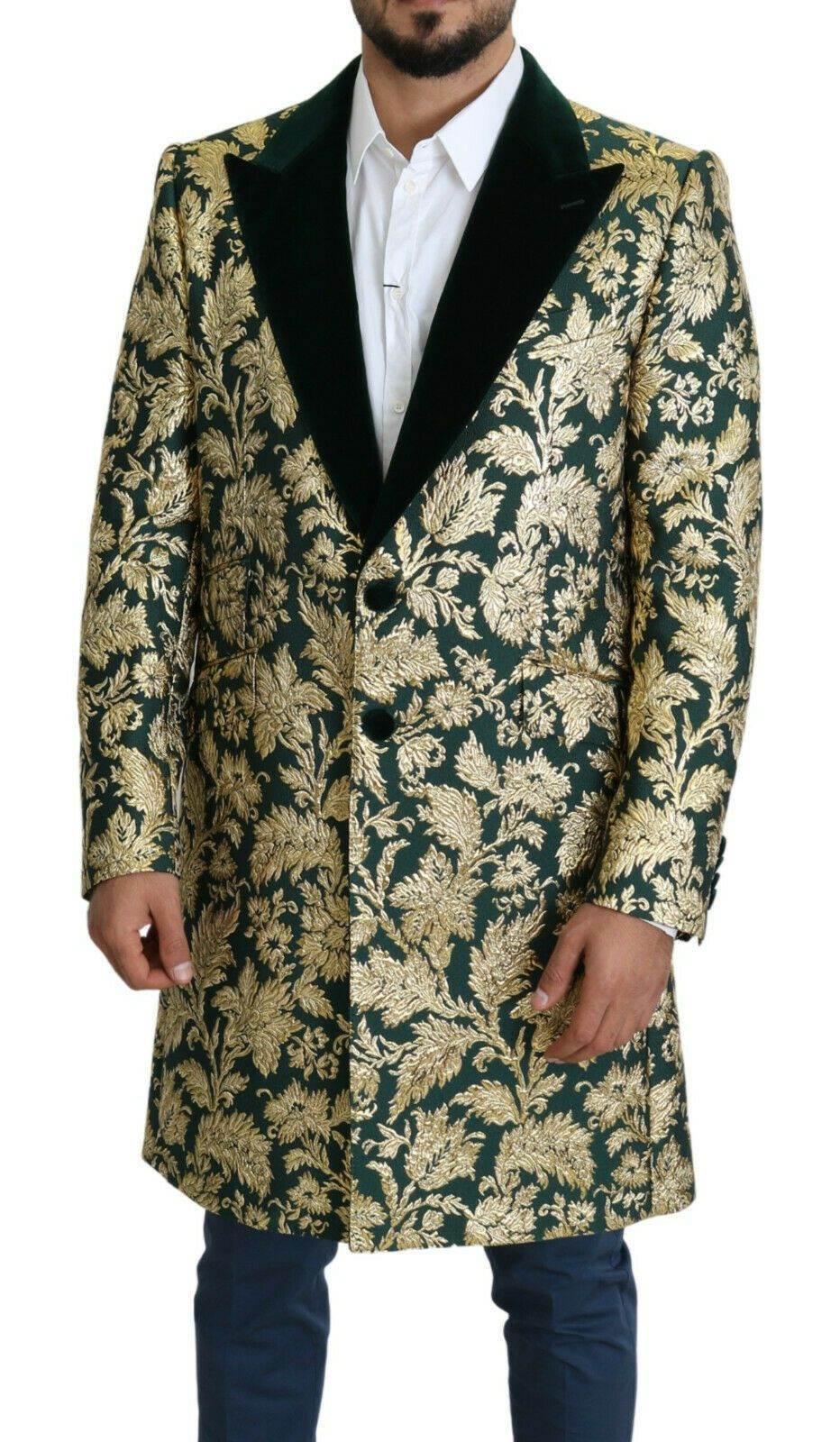 Dolce & Gabbana DOLCE & GABBANA Jacket SICILIA Green Gold Jacquard Long Coat - Hilstor
