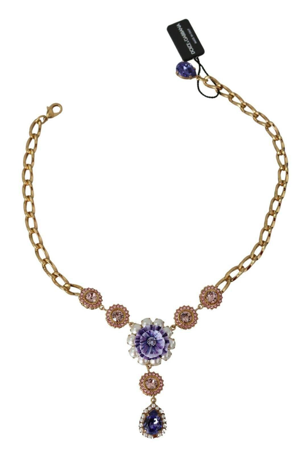 Dolce & Gabbana Elegant Gold Crystal Floral Charm Necklace - Hilstor