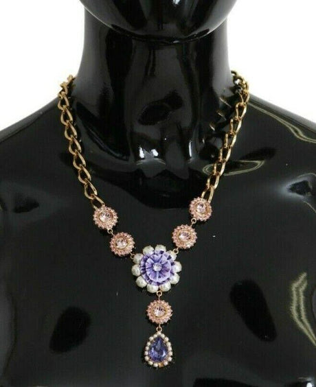 Dolce & Gabbana Elegant Gold Crystal Floral Charm Necklace - Hilstor