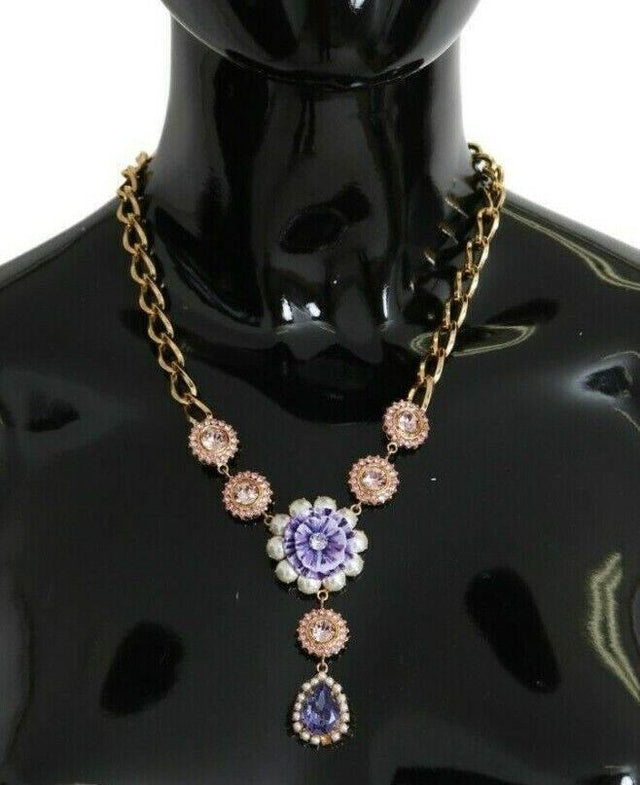 Dolce & Gabbana Elegant Gold Crystal Floral Charm Necklace - Hilstor