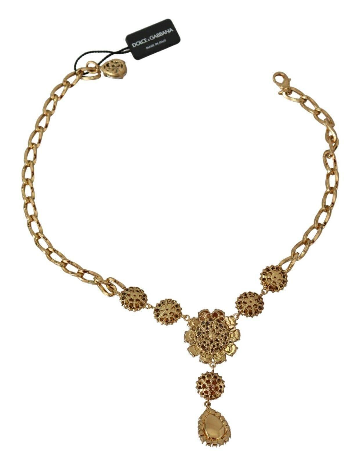 Dolce & Gabbana Elegant Gold Crystal Floral Charm Necklace - Hilstor