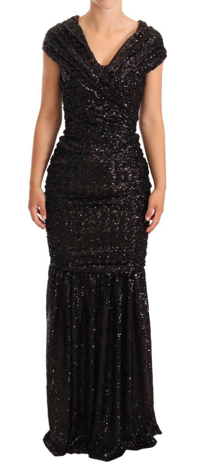 Dolce & Gabbana Black Sequined Open Shoulder Long Gown Dress - Hilstor