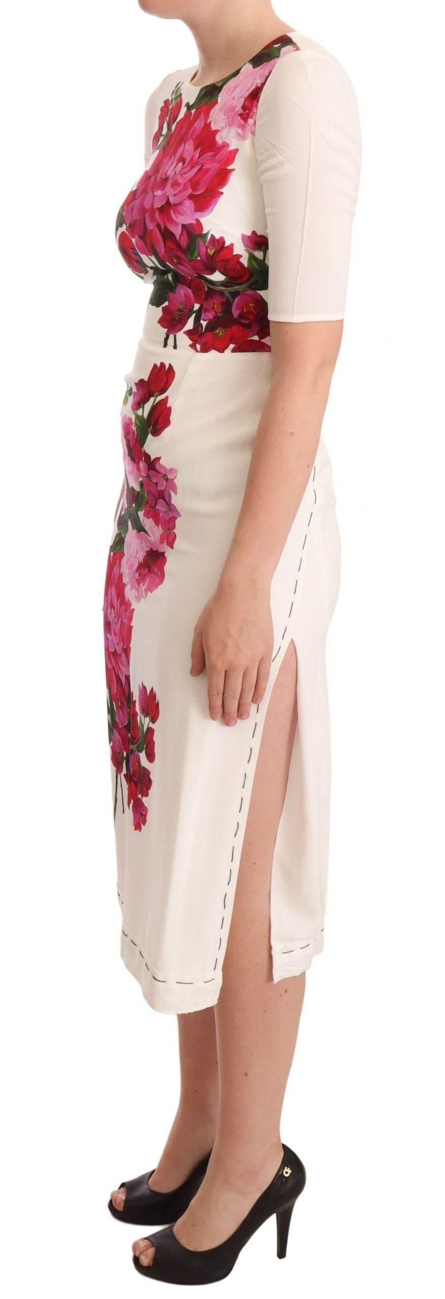 Dolce & Gabbana White Floral Printed Crepe Midi Slit Dress - Hilstor