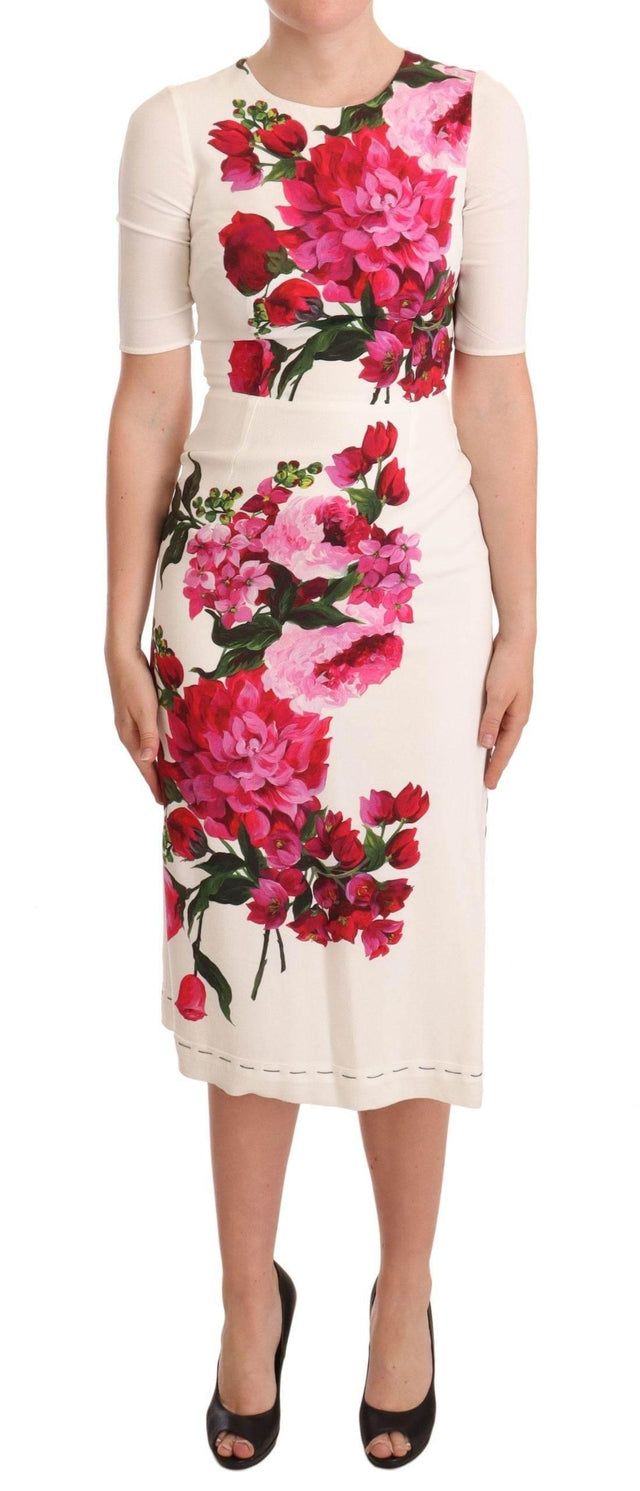 Dolce & Gabbana White Floral Printed Crepe Midi Slit Dress - Hilstor