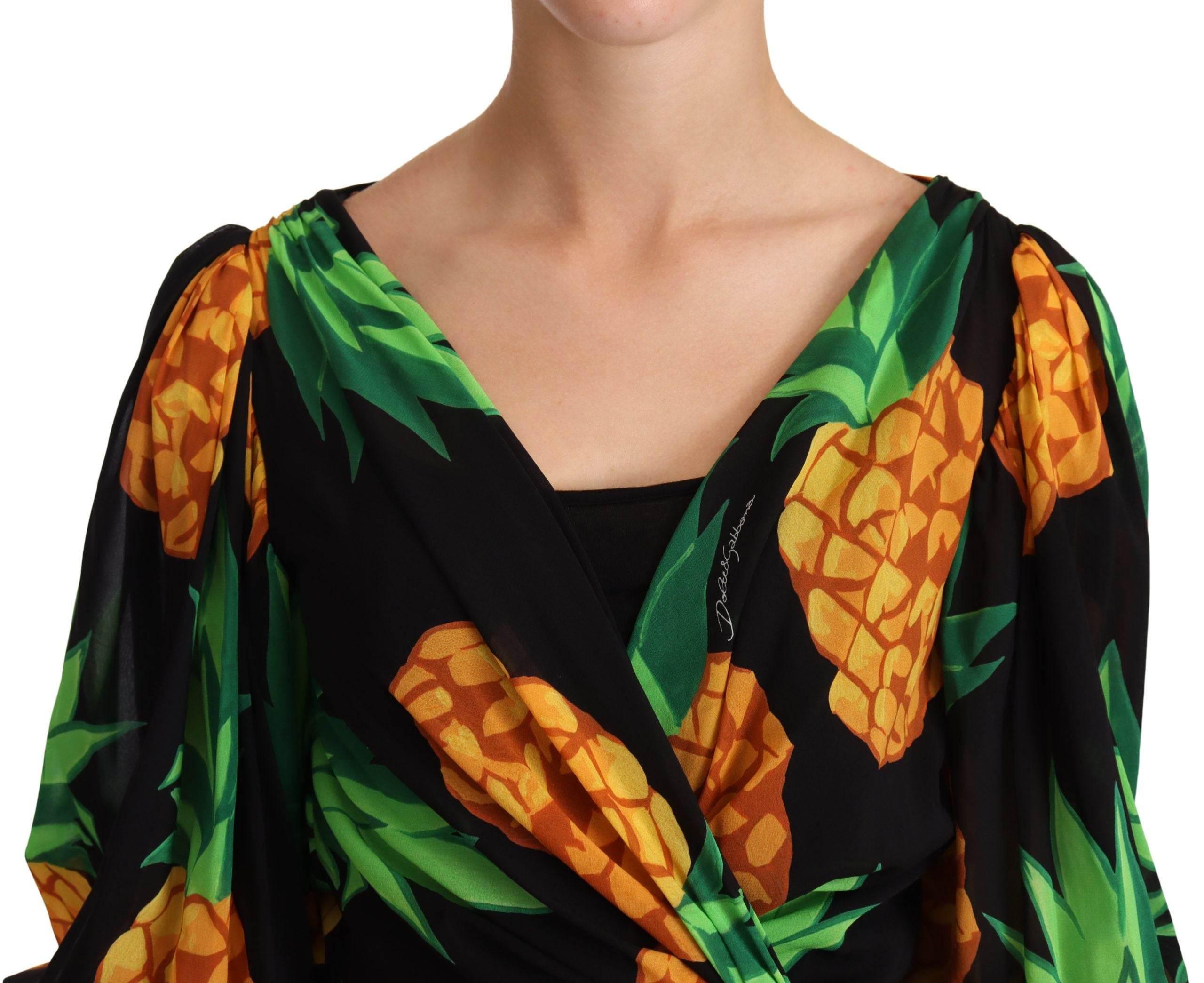 Dolce & Gabbana Black Ananas Print Wrap Stretch Silk Dress - Hilstor