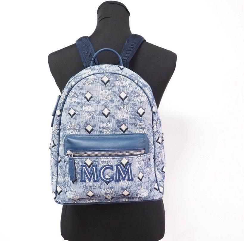 MCM Stark Small Blue Vintage Jacquard Monogram Logo Fabric Backpack Bookbag - Hilstor