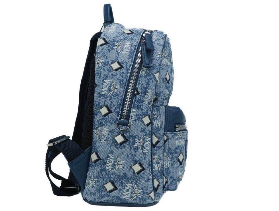 MCM Stark Small Blue Vintage Jacquard Monogram Logo Fabric Backpack Bookbag - Hilstor