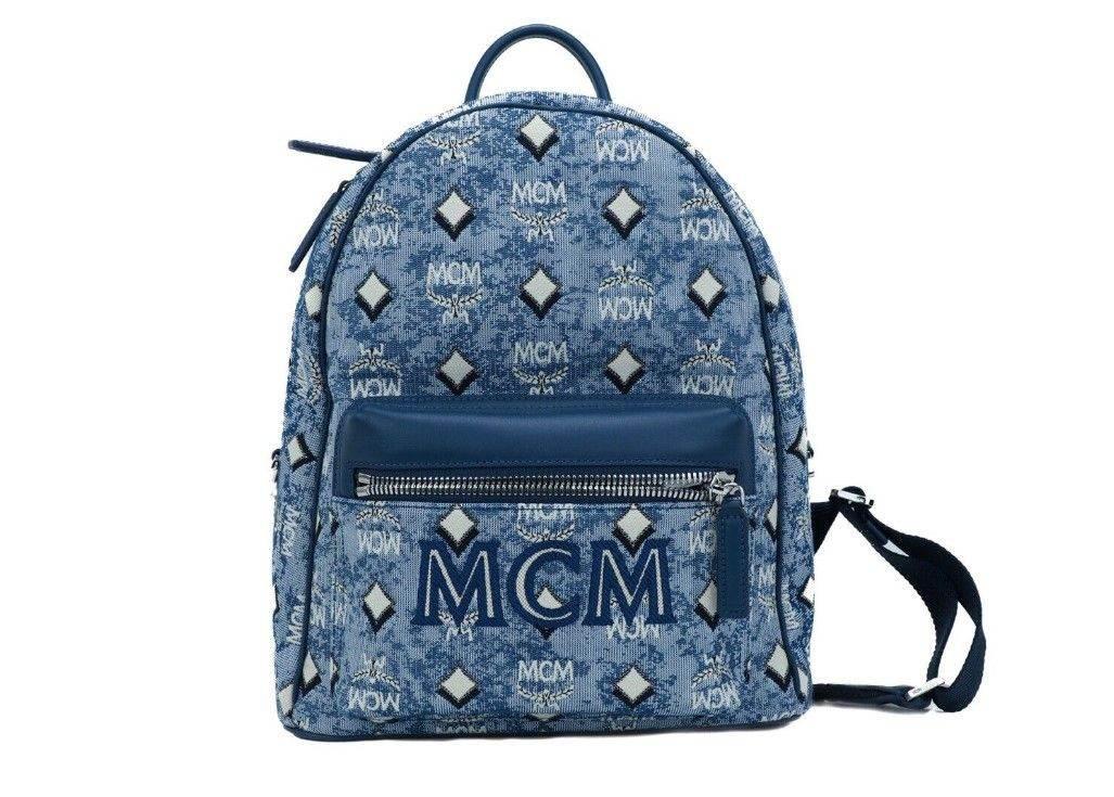 MCM Stark Small Blue Vintage Jacquard Monogram Logo Fabric Backpack Bookbag - Hilstor