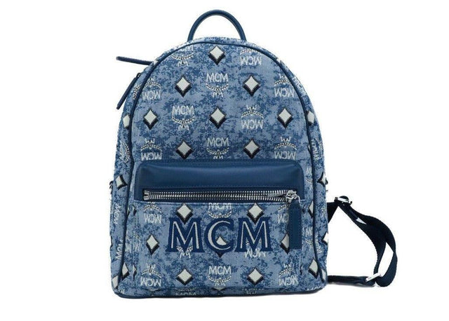MCM Stark Small Blue Vintage Jacquard Monogram Logo Fabric Backpack Bookbag - Hilstor