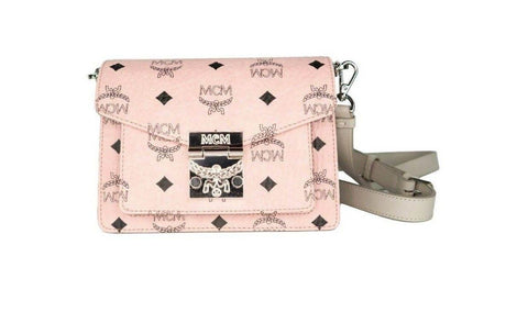 MCM Signature Soft Pink Diamond Logo Leather Mini Flap Lock Crossbody Handbag - Hilstor