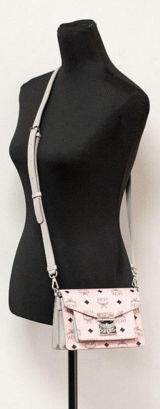 MCM Signature Soft Pink Diamond Logo Leather Mini Flap Lock Crossbody Handbag - Hilstor