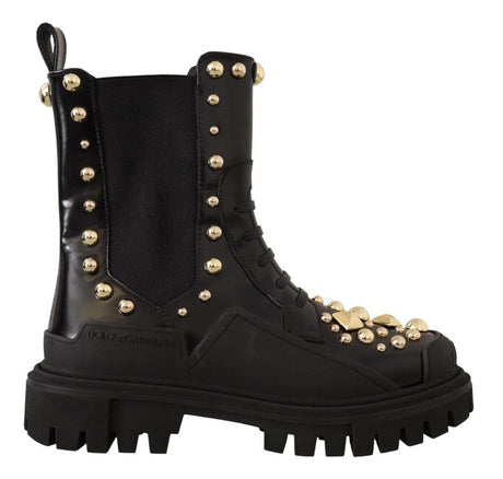 Dolce & Gabbana Studded Leather Combat Boots with Embroidery - Hilstor