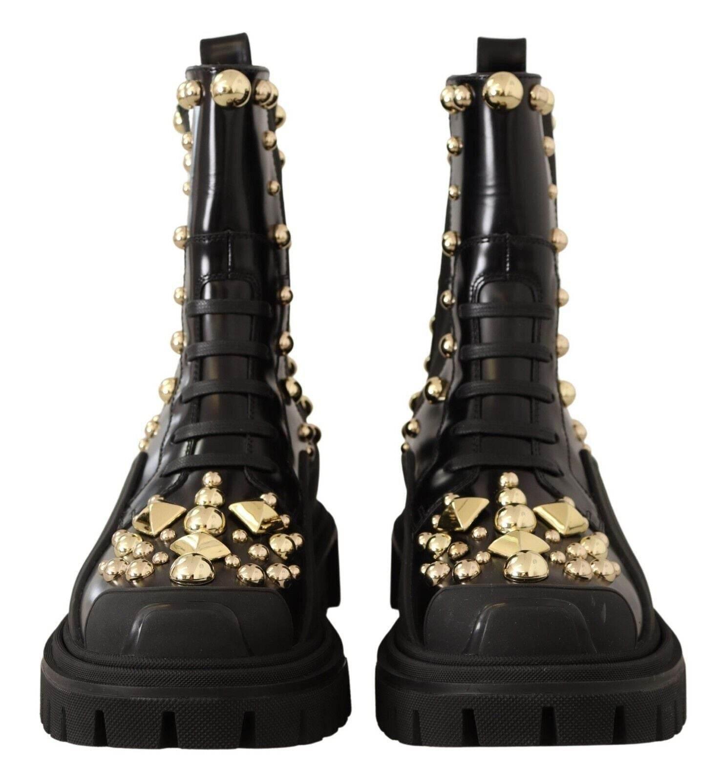 Dolce & Gabbana Studded Leather Combat Boots with Embroidery - Hilstor