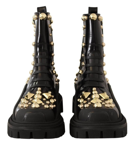 Dolce & Gabbana Studded Leather Combat Boots with Embroidery - Hilstor