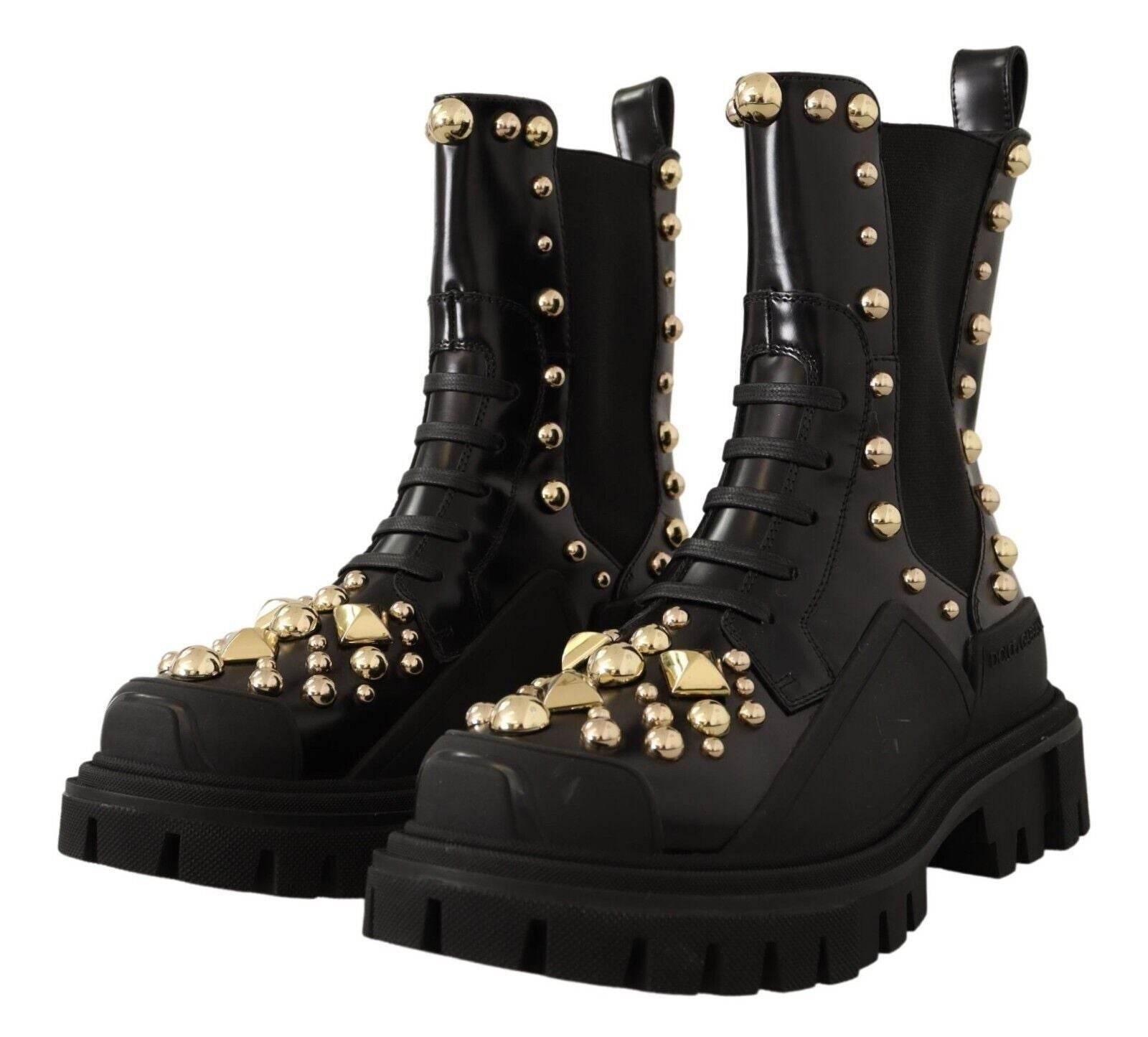 Dolce & Gabbana Studded Leather Combat Boots with Embroidery - Hilstor