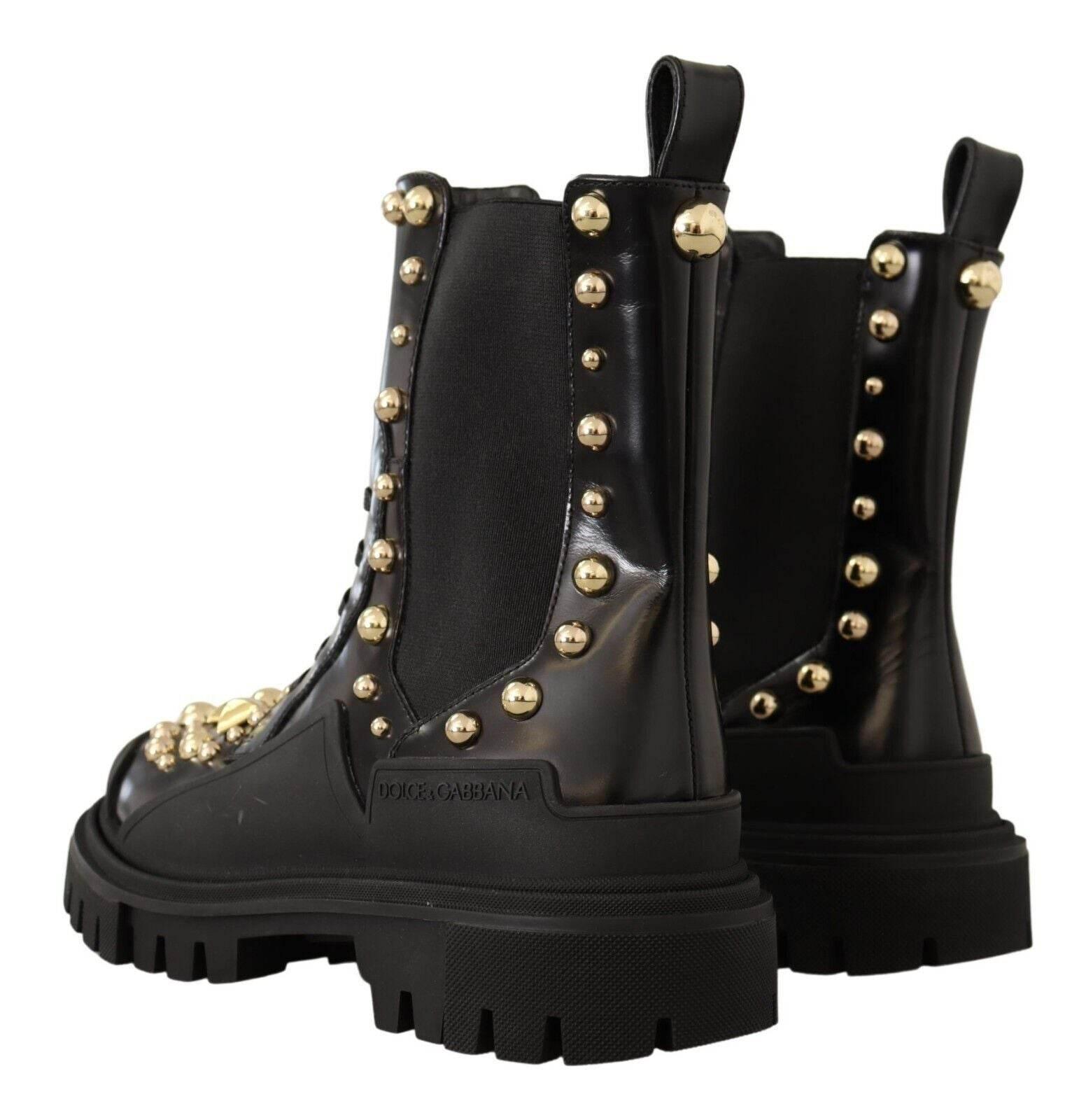 Dolce & Gabbana Studded Leather Combat Boots with Embroidery - Hilstor