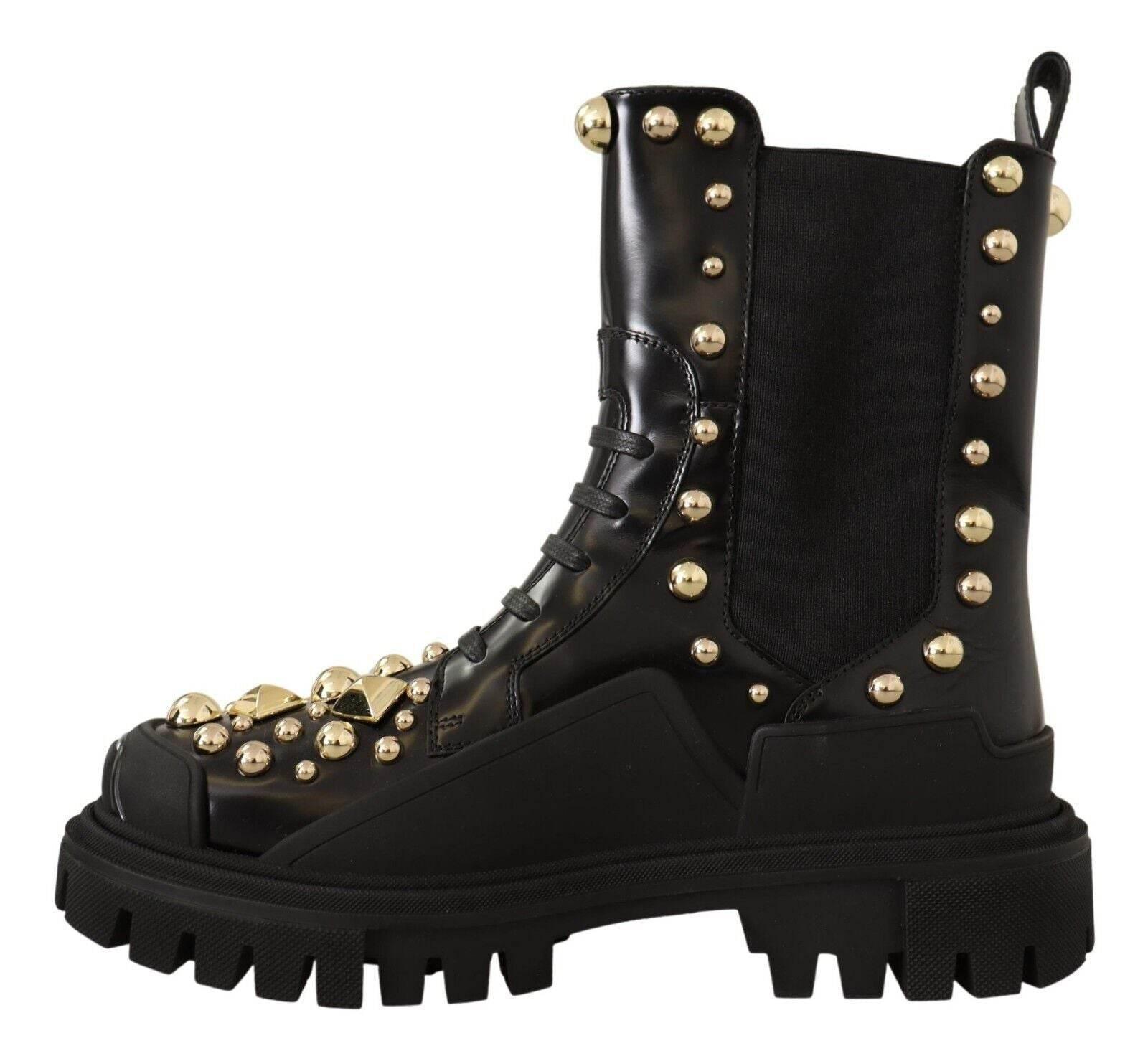 Dolce & Gabbana Studded Leather Combat Boots with Embroidery - Hilstor