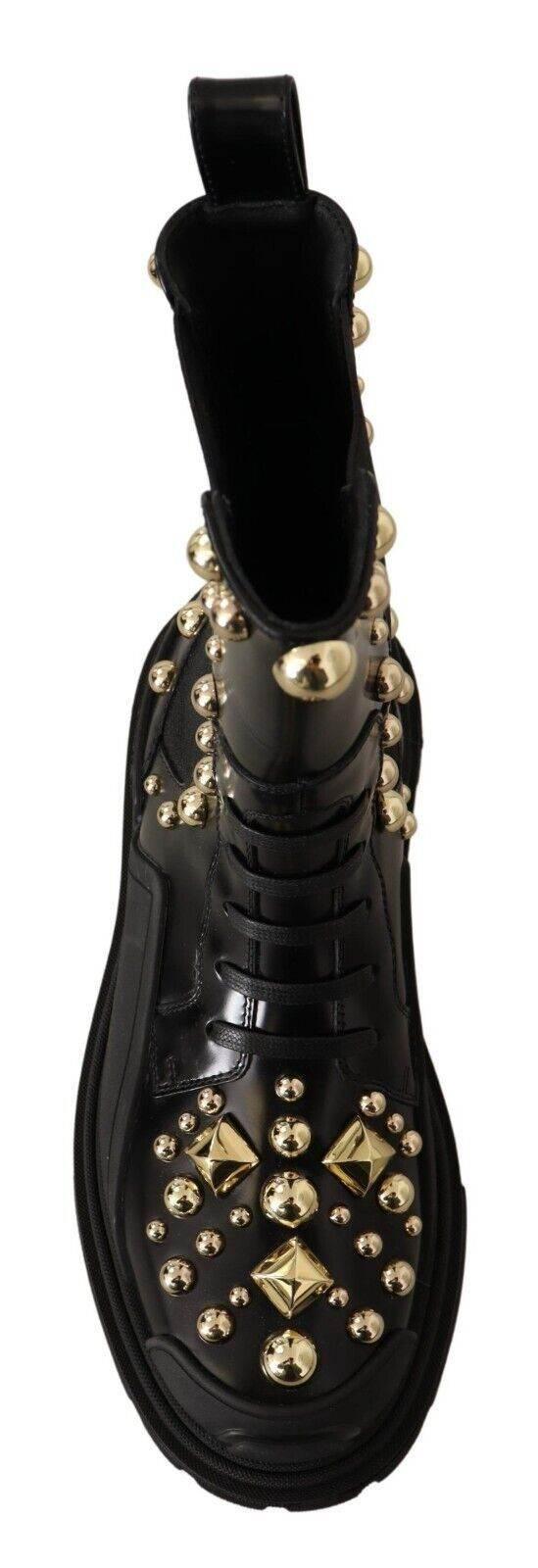Dolce & Gabbana Studded Leather Combat Boots with Embroidery - Hilstor