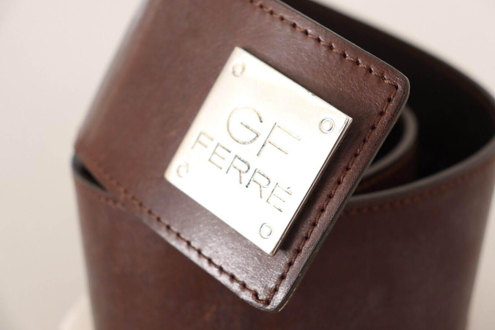 GF Ferre Brown Genuine Leather Wide Logo Buckle Waist Belt - Hilstor