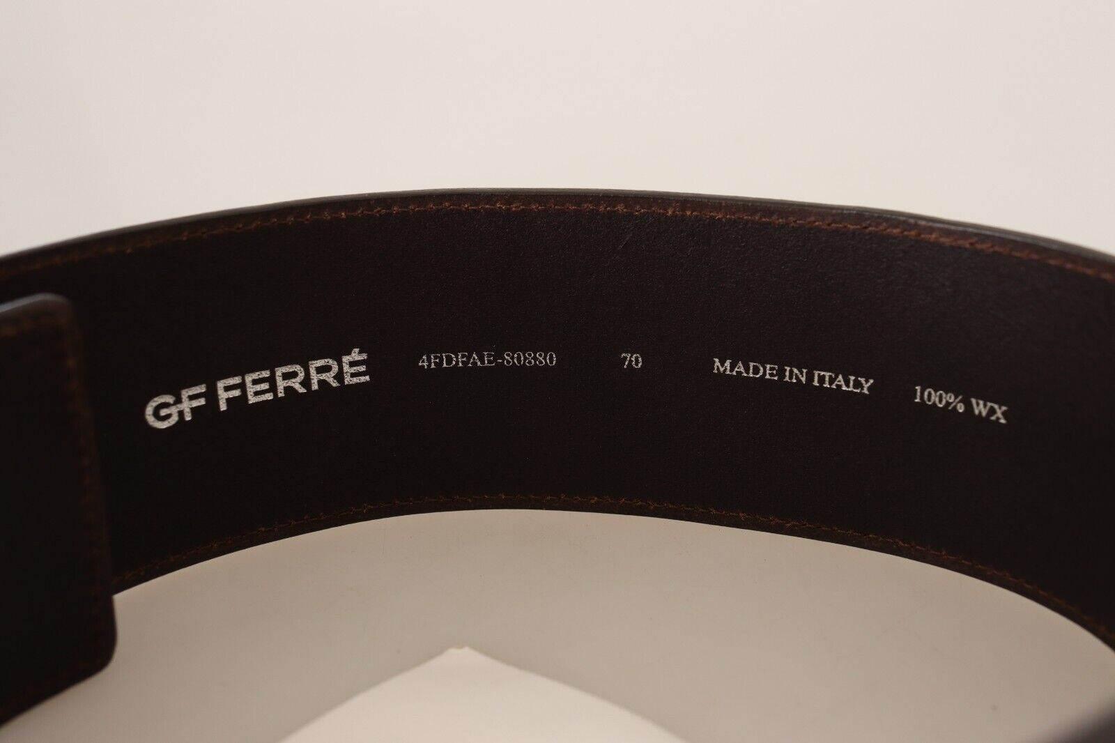 GF Ferre Brown Genuine Leather Wide Logo Buckle Waist Belt - Hilstor