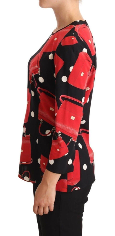 Dolce & Gabbana Black Sicily Bag Print Silk Stretch Top Blouse - Hilstor