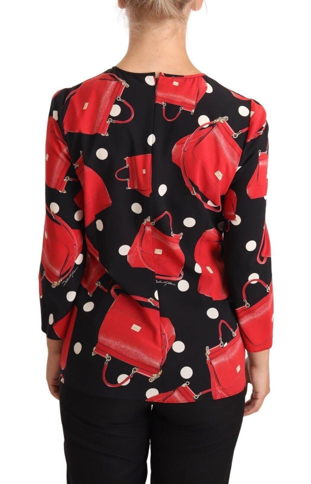 Dolce & Gabbana Black Sicily Bag Print Silk Stretch Top Blouse - Hilstor