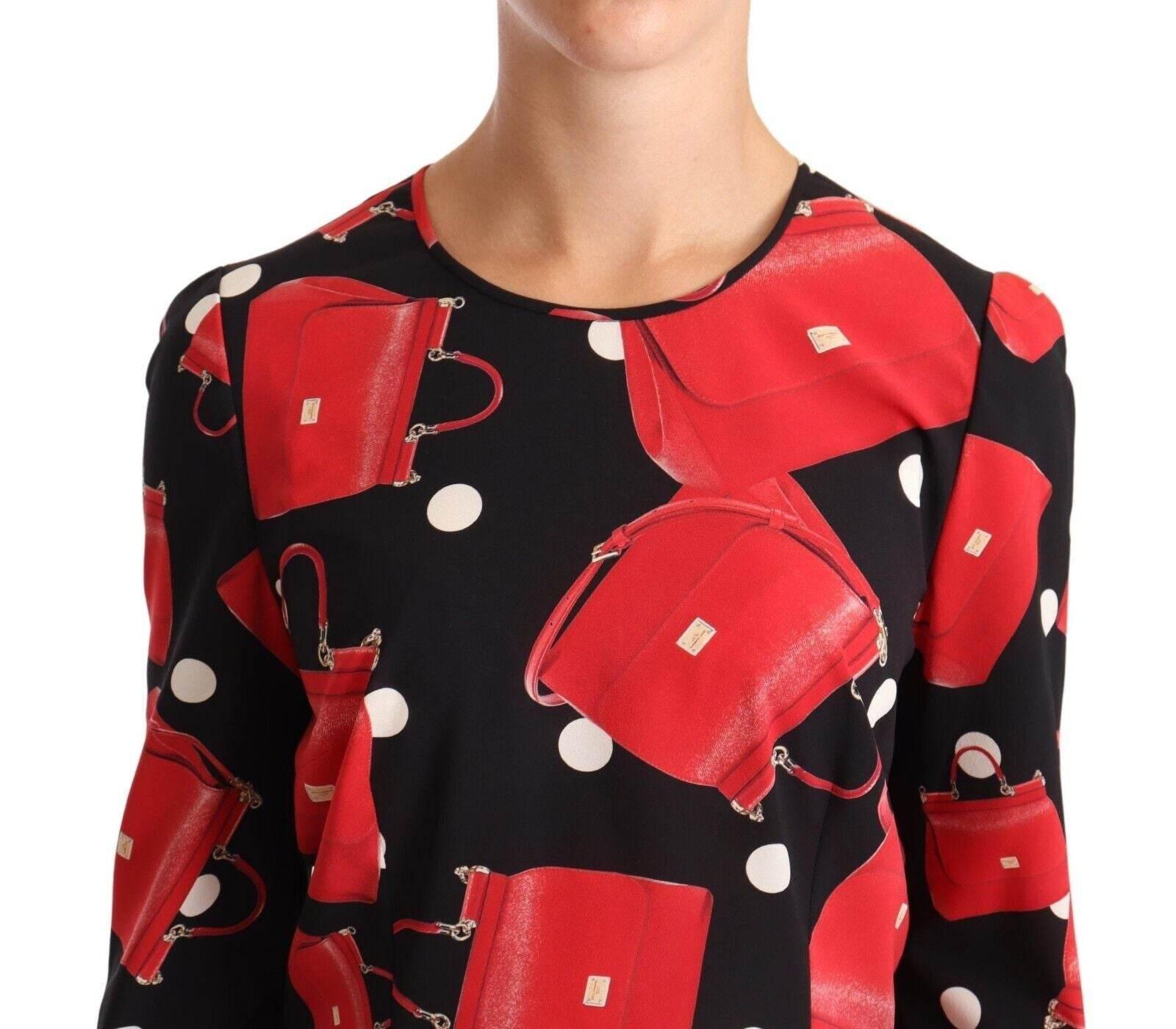 Dolce & Gabbana Black Sicily Bag Print Silk Stretch Top Blouse - Hilstor