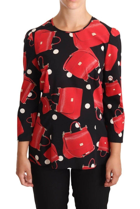 Dolce & Gabbana Black Sicily Bag Print Silk Stretch Top Blouse - Hilstor