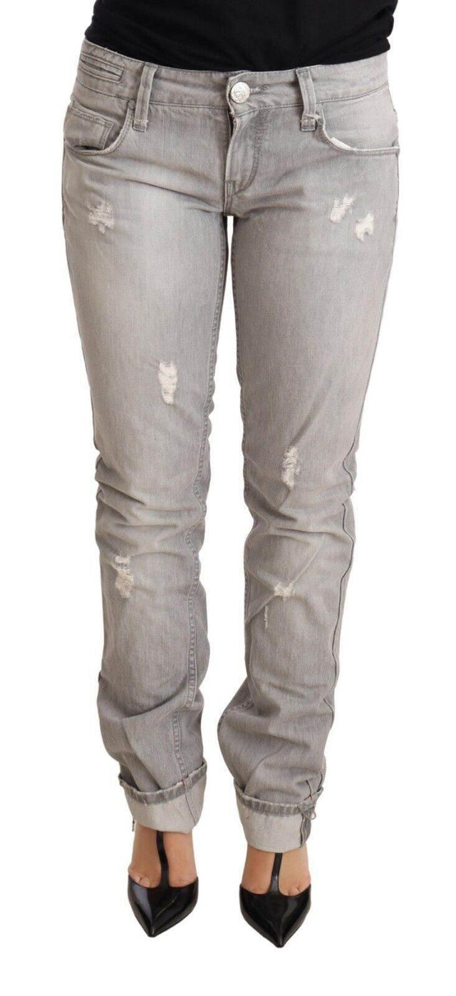 Acht Gray Tattered Cotton Slim Fit Folded Hem Women Denim Jeans - Hilstor