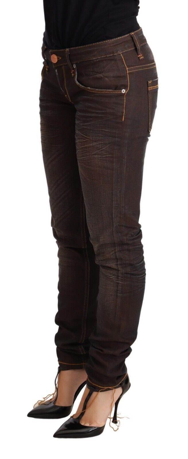 Acht Brown Washed Cotton Slim Fit Denim Low Waist Trouser Jeans - Hilstor