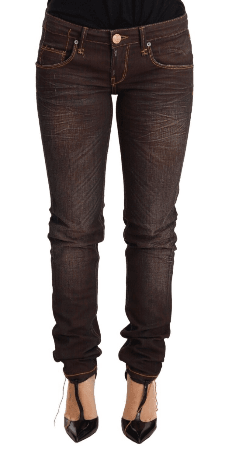 Acht Brown Washed Cotton Slim Fit Denim Low Waist Trouser Jeans - Hilstor