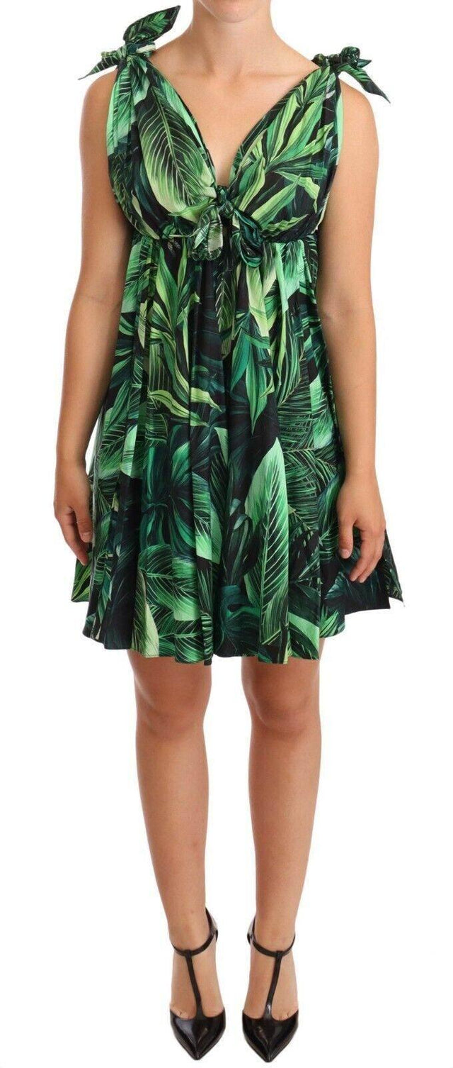 Dolce & Gabbana Green Leaves Print Cotton Flared Mini Dress - Hilstor