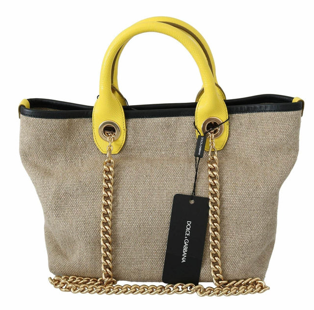 Dolce & Gabbana Beige Linen-Calf Tote with Gold Chain - Hilstor