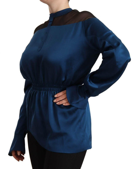 Masha Ma Blue Silk Long Sleeves Elastic Waist Top Blouse - Hilstor